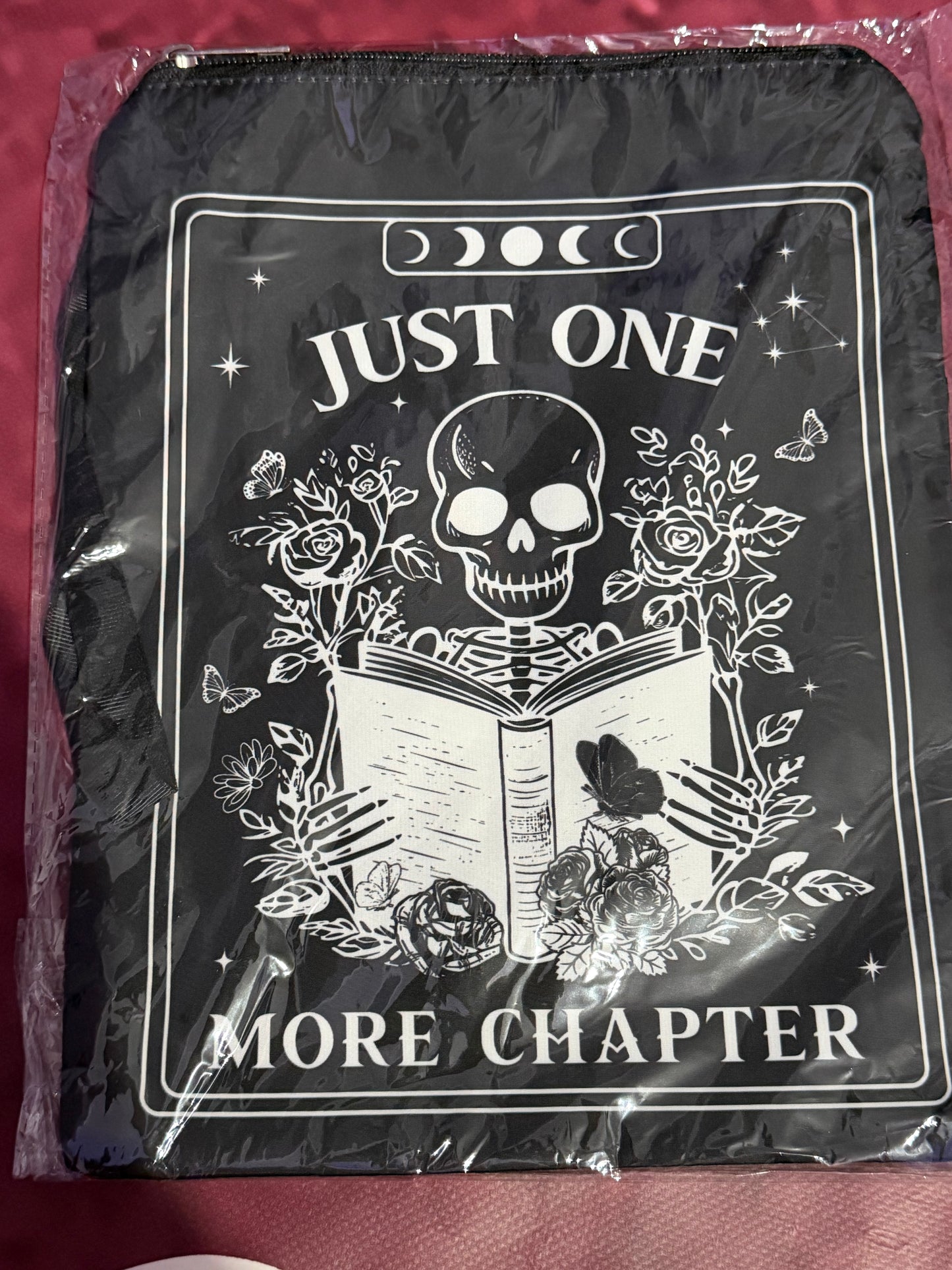 Gothic Book Sleeve-Just One More Chapter Skeleton Black Tarot Card